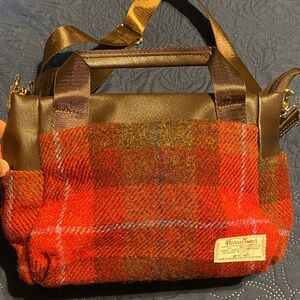 Harris Tweed Red Plaid Crossbody Bag Wool Scotland Leather Trim Purse